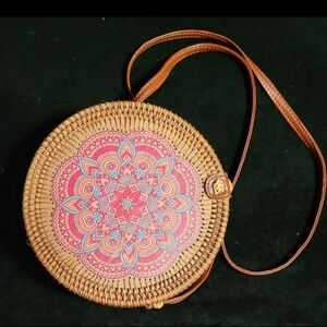 Woven Boho Round Crossbody Bag with Pink Mandala
